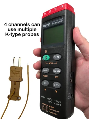 Vista 3 de TECPEL DTM-319 Termómetro de registrador de datos de termopar tipo K de cuatro canales fabricado en Taiwán (TPK-01 4 piezas incluidas)