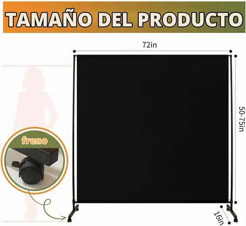 Vista 4 de Panel de privacidad negro/divisor de habitación 72"x72" con ruedas giratorias bloqueables