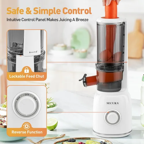 Vista 4 de Secura Exprimidor de prensa en frío con punta de acero inoxidable en espiral y filtro sin malla, exprimidor lento con motor silencioso y función