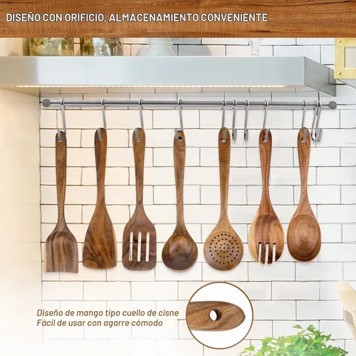 Vista 4 de Cuchara de madera de teca prémium para cocinar, juego de utensilios de cocina de madera antiadherentes de 10 piezas, cucharas de madera resistentes