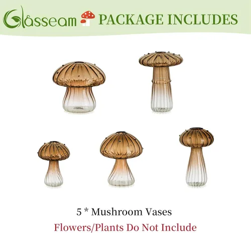 Vista 7 de Glasseam Jarrón de Seta de Cristal Ámbar: Lindo Juego de Jarrones Pequeños para Flores de 5 Jarrones Únicos Mini para Capullos para Centros de Mesa