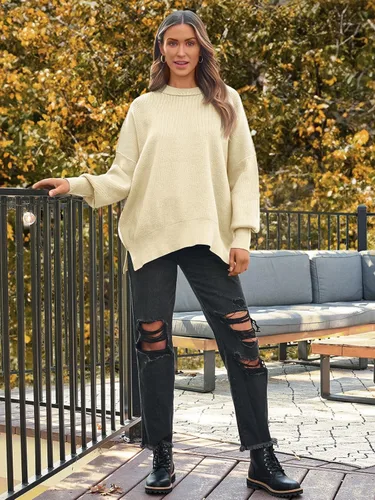 Vista 101 de Lillusory - Suéter extragrande con mangas de murciélago y cuello redondo para mujer, prenda moderna de otoño de tejido de punto sin botones