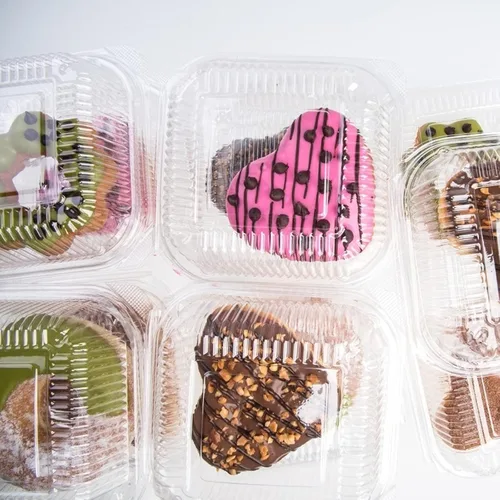 Vista 7 de 100 unidades de 5 x 5 pulgadas Clamshell bandeja para llevar recipientes de plástico con bisagras para alimentos, caja de comida desechable