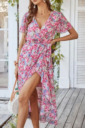 Vista 3 de PRETTYGARDEN - Vestido floral para mujer estilo bohemio, cruzado, con cuello en V, manga corta, con cinturón, dobladillo con volantes, acampanado