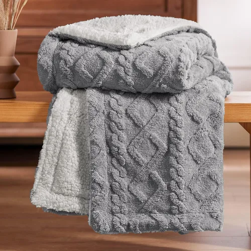 Vista 2 de Bedsure Manta de cable Sherpa tamaño individual (gris y beige)