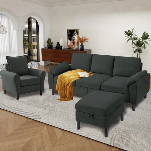 Vista 12 de Juego de sofá modular convertible de 79 pulgadas, moderno sofá pequeño en forma de L de lino con otomana reversible y sofá biplaza, sofás de 3 Beige