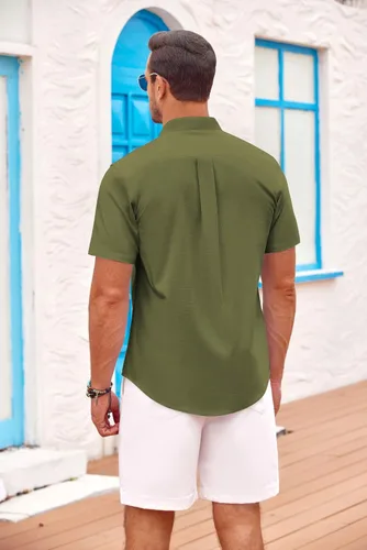 Vista 4 de COOFANDY Camisas casuales de algodón con botones para hombre, manga corta, cuello de banda, para playa y verano