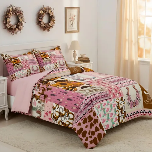Vista 28 de Ropa de cama con estampado de vaca marrón tamaño individual, juego de edredón rústico de piel de vaca con calavera de vaca, relleno de edredón