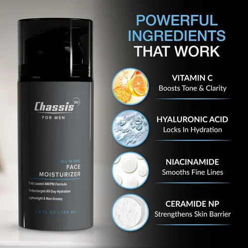 Vista 4 de Chassis 360 - Hidratante facial todo en uno, hidratante facial para hombres con vitamina, niacinamida C y ácido hialurónico, libre de ftalatos