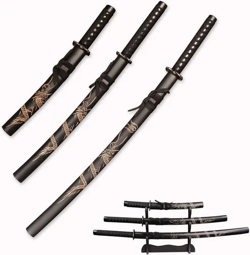Vista 10 de Set de 3 espadas japonesas de Samurai con soporte de exhibición, Katana de Iaido con hoja de acero al carbono, espada real para exhibición