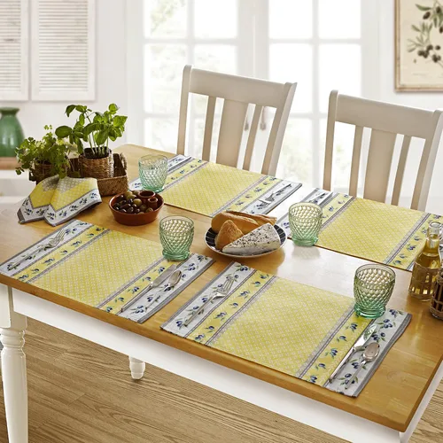 Vista 2 de Home Bargains Plus Mantel rectangular de tela, juego de 4 manteles individuales, estampado Olivier amarillo y gris oliva, manteles individuales