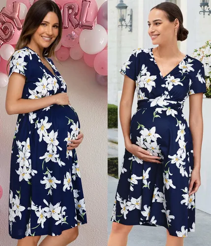 Vista 3 de OUGES - Vestido de fiesta corto de verano para mujer, diseño con mangas cortas, cuello en V, estampado floral y bolsillos