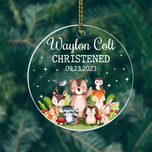 Vista 4 de Regalos personalizados de bautizo para niños y niñas, adorno de bautismo para ahijada, ahijado, adorno de bautizo de bosque para bebé, niño, niña