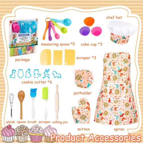 Vista 3 de KAEGREEL Juego de chef para hornear para niños con delantal de unicornio y manopla, 26 juguetes de cocina para niños, juego de cocina con sombrero
