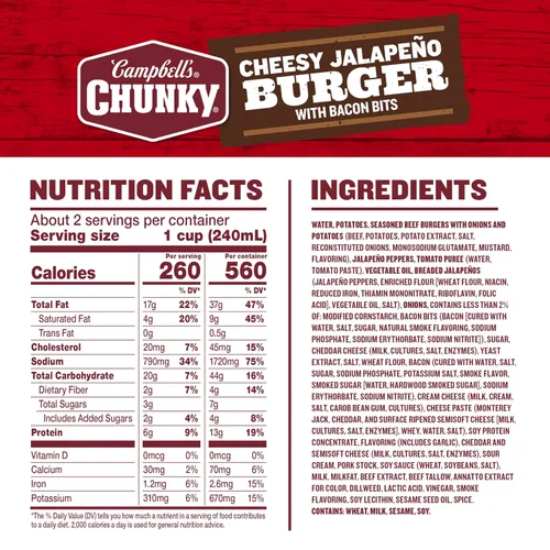Vista 2 de Campbell’s Chunky - Sopa en lata de hamburguesa con jalapeño y queso con trozos de tocino, lata de 18.8 oz