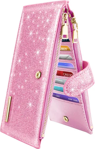 Vista 14 de Billetera de mujer con bloqueo RFID de gran capacidad, organizador multitarjetas, billetera plegable para mujer con bolsillo con cremallera