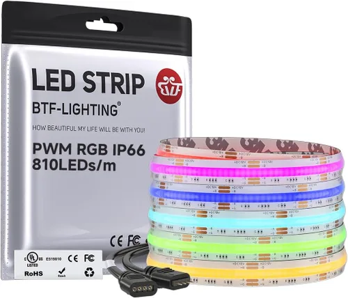 Vista 11 de BTF-LIGHTING FCOB COB - Tira de luz LED RGB con certificación UL, 810 LEDs/m de alta densidad flexible que cambia de color, DC12V 9.8 pies y 0.394