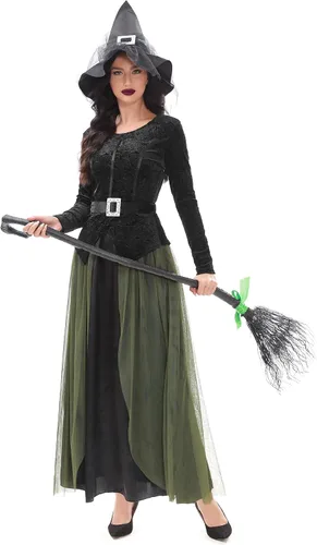 Vista 3 de Funna Disfraz de bruja para mujer, disfraz de Halloween con sombrero