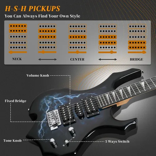 Vista 3 de Kit de guitarra eléctrica Ktaxon con diseño Burning Fire, guitarra eléctrica de 39 pulgadas HSH para principiantes con amplificador, diapasón