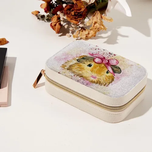 Vista 7 de Joyero pequeño de viaje para mujeres y niñas, bonito estuche organizador de joyas de conejillo de indias en acuarela para collares, aretes, anillos