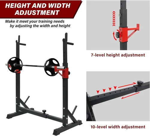 Vista 6 de BESTHLS Adjustable Squat Rack Stand with Barbell Rack, Weight Plate Holder, J Hooks,Dip Bar Station for Bench Press Strength Training Max Load
