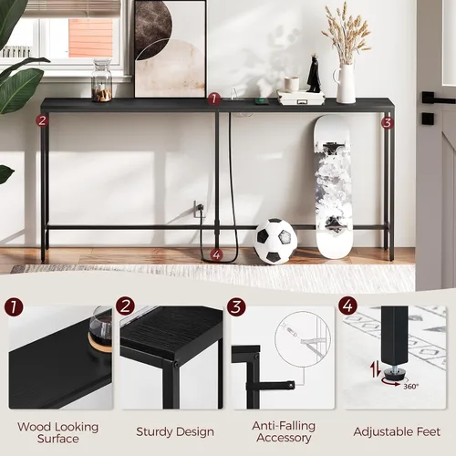 Vista 5 de MAHANCRIS Mesa consola de 70.9 pulgadas con toma de corriente, mesa de sofá estrecha, mesa de entrada industrial con puertos USB, detrás del sofá
