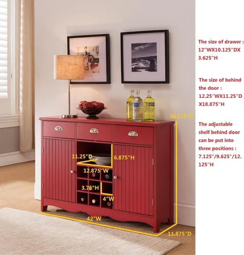 Vista 3 de Kings Brand Furniture Mesa consola buffet con almacenamiento de vino, acabado rojo