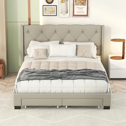 Vista 19 de Cama de plataforma tapizada de tamaño matrimonial con cabecera de terciopelo con patrón de flores, con marco de cama de soporte de listones