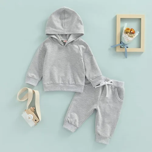 Vista 2 de Conjunto de sudadera de manga larga con capucha y pantalones con cordón para bebé y niña, ropa casual para otoño e invierno
