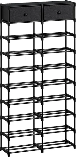 Vista 9 de Zapatero alto, organizador de zapatos de 8 niveles con 2 cajones grandes, almacenamiento de zapatos para 28-32 pares, estante de zapatos de metal