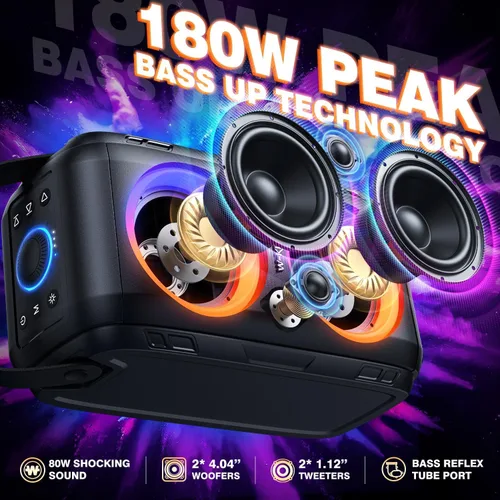 Vista 2 de W-KING - Caja de altavoz Bluetooth para fiestas, 180 W máximo, grande, grande, más fuerte, altavoz portátil inalámbrico para exteriores, 4