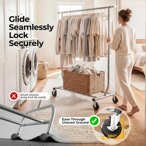Vista 11 de HOKEEPER Perchero para ropa, percheros enrollables para colgar ropa, perchero portátil con ruedas bloqueables, perchero de ropa resistente de uso