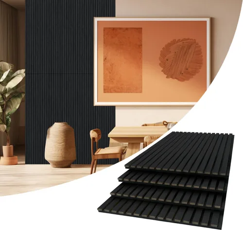 Vista 2 de AKUMAX Paquete de 4 paneles de madera, paneles de pared con listones 3D para pared, techo y absorción de sonido, paneles de pared de madera