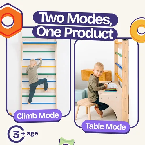 Vista 3 de ComfyBumpy Escalera sueca con mesa de juego convertible Juego de escalada Montessori para niños, parque infantil interior y gimnasio en la selva