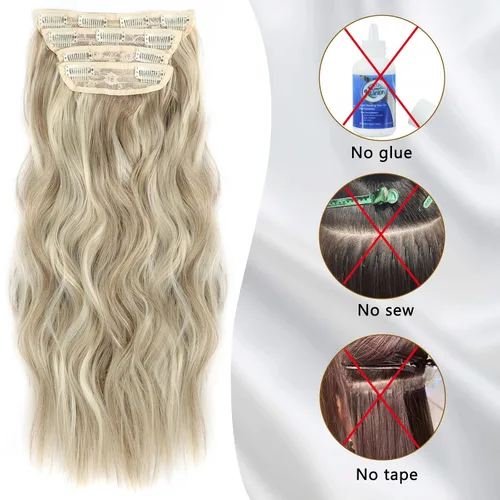 Vista 7 de 4 piezas de extensiones de cabello rizado con clip, color dorado oscuro, mezcla de rubio beige, sintético de 20 pulgadas de largo, extensiones