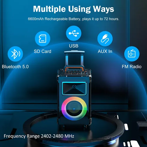 Vista 3 de JYX Máquina de karaoke con 2 micrófonos inalámbricos, woofer de 10 pulgadas, 500 W, potencia máxima, altavoz Bluetooth portátil grande con ajuste
