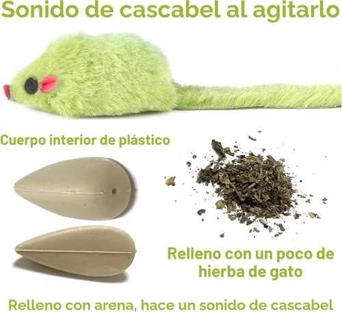 Vista 3 de 12 piezas de juguetes de ratón para gatos, juguetes de ratones de felpa sintética para gatos con cuerpo de plástico, juguetes interactivos de hierba