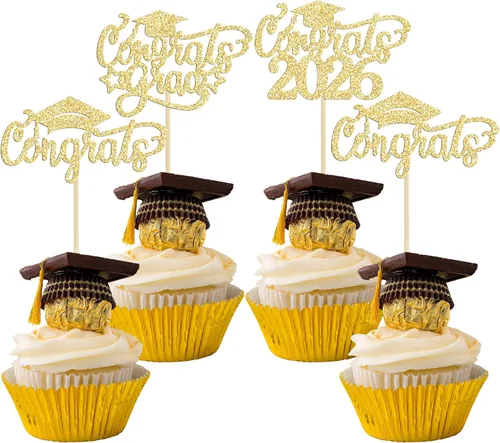 Vista 12 de Gyufise 24 piezas de decoración para cupcakes con purpurina para graduación 2026, decoración de pasteles para graduación 2026, decoración de Negro