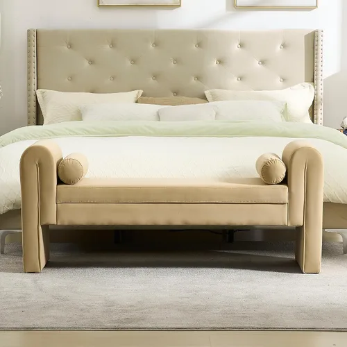 Vista 3 de Banco de terciopelo para dormitorio al pie de la cama, banco otomán tapizado con botones capitoné de 60.5 pulgadas con brazos curvos, otomán