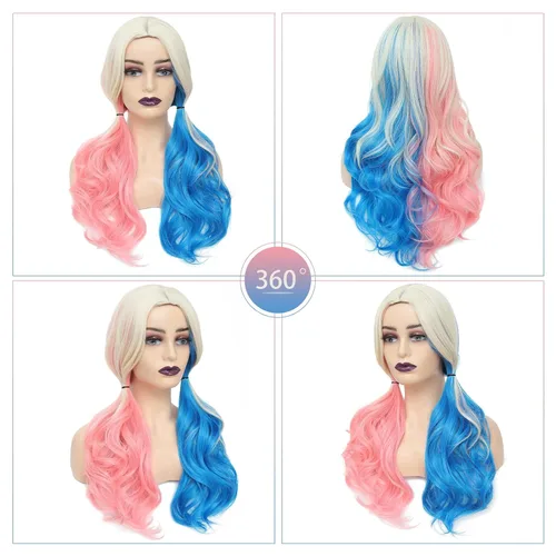 Vista 4 de AISI QUEENS Peluca Harley Quinn para niñas, peluca Harley Quinn de Halloween, peluca de payaso para mujer, peluca rosa y azul para mujer, uso diario
