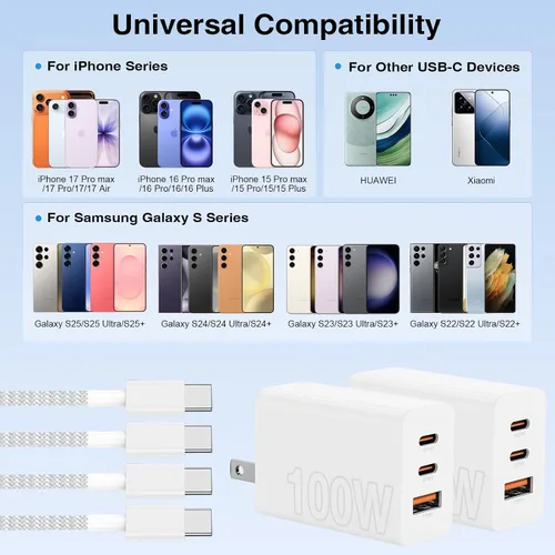 Vista 8 de USB C de carga súper rápida de 65 W para iPhone 17 16 Pro Max, bloque de carga USB C de 3 puertos de 100 W y cable trenzado tipo C de 3/6/6/10 pies