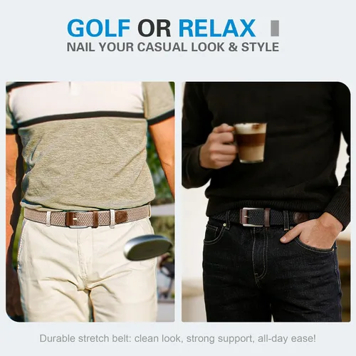 Vista 2 de Cinturón de golf para hombre, 2 unidades, cinturón elástico trenzado de 1 3/8 pulgadas, en caja de regalo para jeans casuales, deportes y trabajo