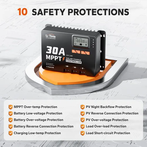 Vista 8 de LiTime 30 Amp MPPT 12V/24V/Auto CC de entrada controlador de carga solar, módulo Bluetooth incorporado, pantalla LCD con parámetros ajustables