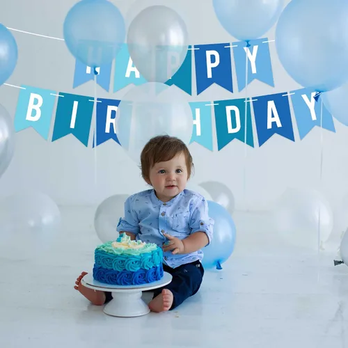 Vista 7 de Cartel de feliz cumpleaños pre-encordado, pancarta azul para fiesta de cumpleaños No DIY – Pre-encordado en hebras de 6 pies – Decoración azul