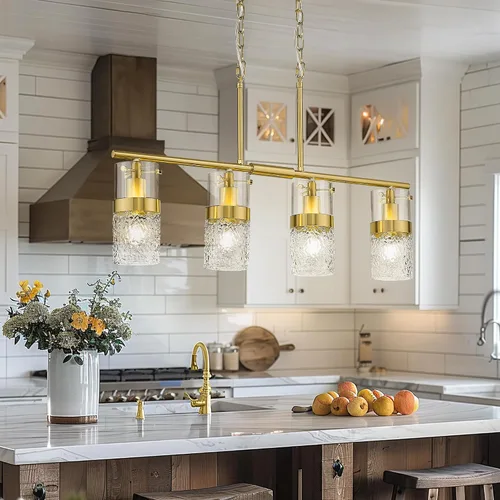 Vista 18 de LMS Lámpara colgante dorada, 1 luz colgante para isla de cocina con vidrio martillado, LMS-171