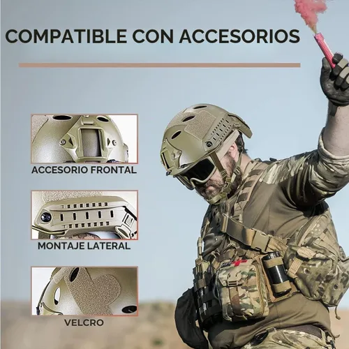 Vista 5 de Casco táctico PJ para Airsoft y Paintball con soporte para gafas de visión nocturna (NVG) y carril lateral Verde militar