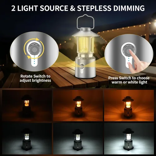 Vista 2 de Linterna LED retro clásica para campamento, linterna vintage recargable sin atenuación continua, 3 modos de luz (2000 K-6500 K), banco de energía