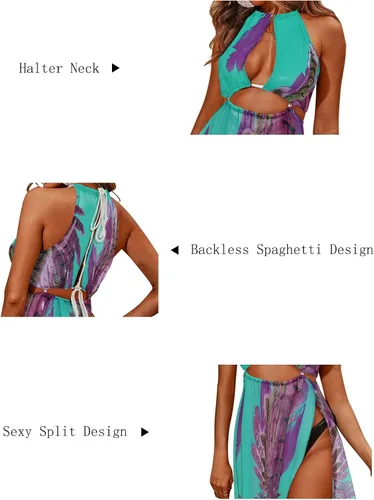 Vista 8 de BIUBIU - Vestido para mujer, sexy, estilo bohemio, floral, halter, para verano, playa, fiesta, con abertura, salida de baño, vestido maxi