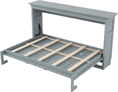 Vista 7 de MERITLINE Armario de cama Murphy horizontal individual con escritorio, marco de cama Murphy de madera maciza para habitación pequeña, oficina Gris