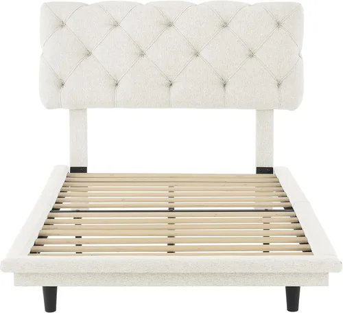 Vista 4 de Cama de plataforma flotante, marco de cama de madera tamaño individual con rayas claras, tela de lino suave y cabecera de diseño capitoné